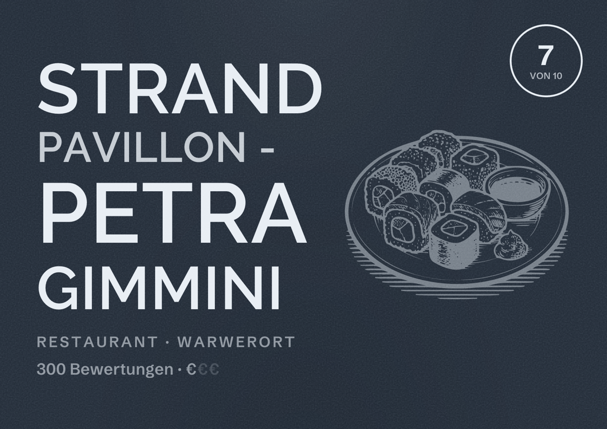 Illustriertes Poster von Strand Pavillon - Petra Gimmini, Restaurant in Warwerort: Bewertung 7 von 10 aus 300 Bewertungen, Preisniveau €