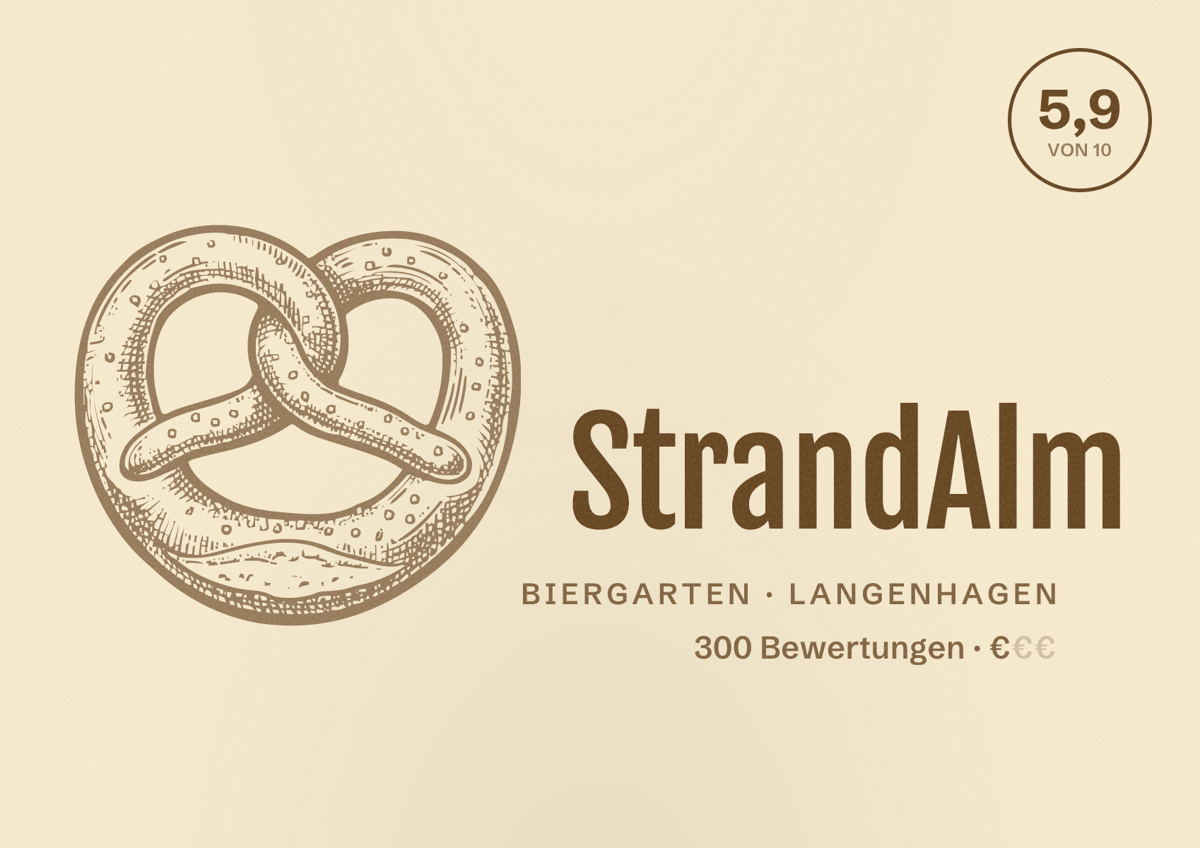 Illustriertes Poster von StrandAlm, Biergarten in Langenhagen: Bewertung 5,9 von 10 aus 300 Bewertungen, Preisniveau €
