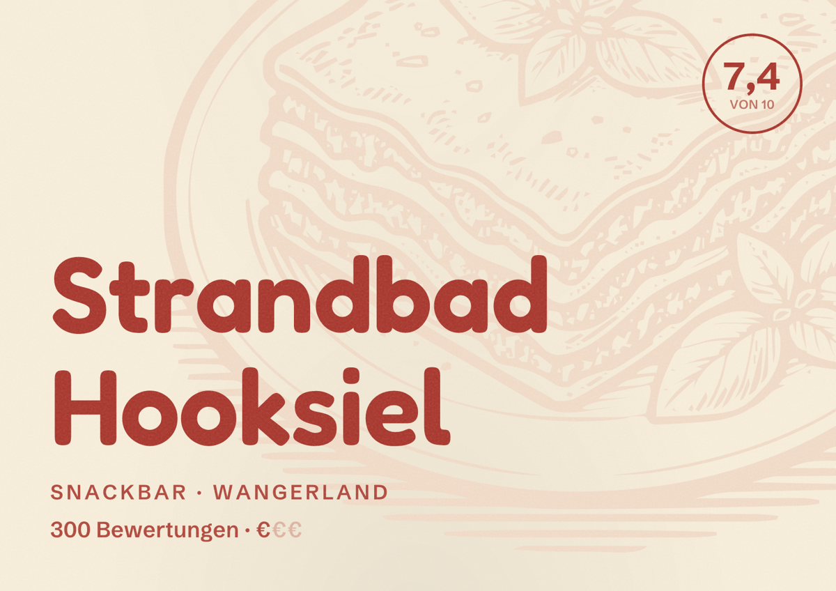 Illustriertes Poster von Strandbad Hooksiel, Snackbar in Wangerland: Bewertung 7,4 von 10 aus 300 Bewertungen, Preisniveau €