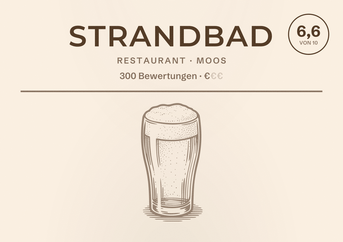 Illustriertes Poster von Strandbad, Restaurant in Moos: Bewertung 6,6 von 10 aus 300 Bewertungen, Preisniveau €