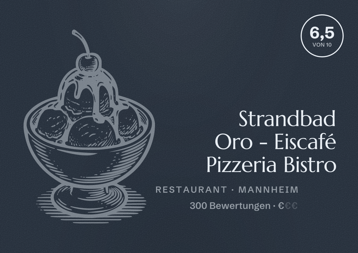 Illustriertes Poster von Strandbad Oro - Eiscafé Pizzeria Bistro, Restaurant in Mannheim: Bewertung 6,5 von 10 aus 300 Bewertungen, Preisniveau €