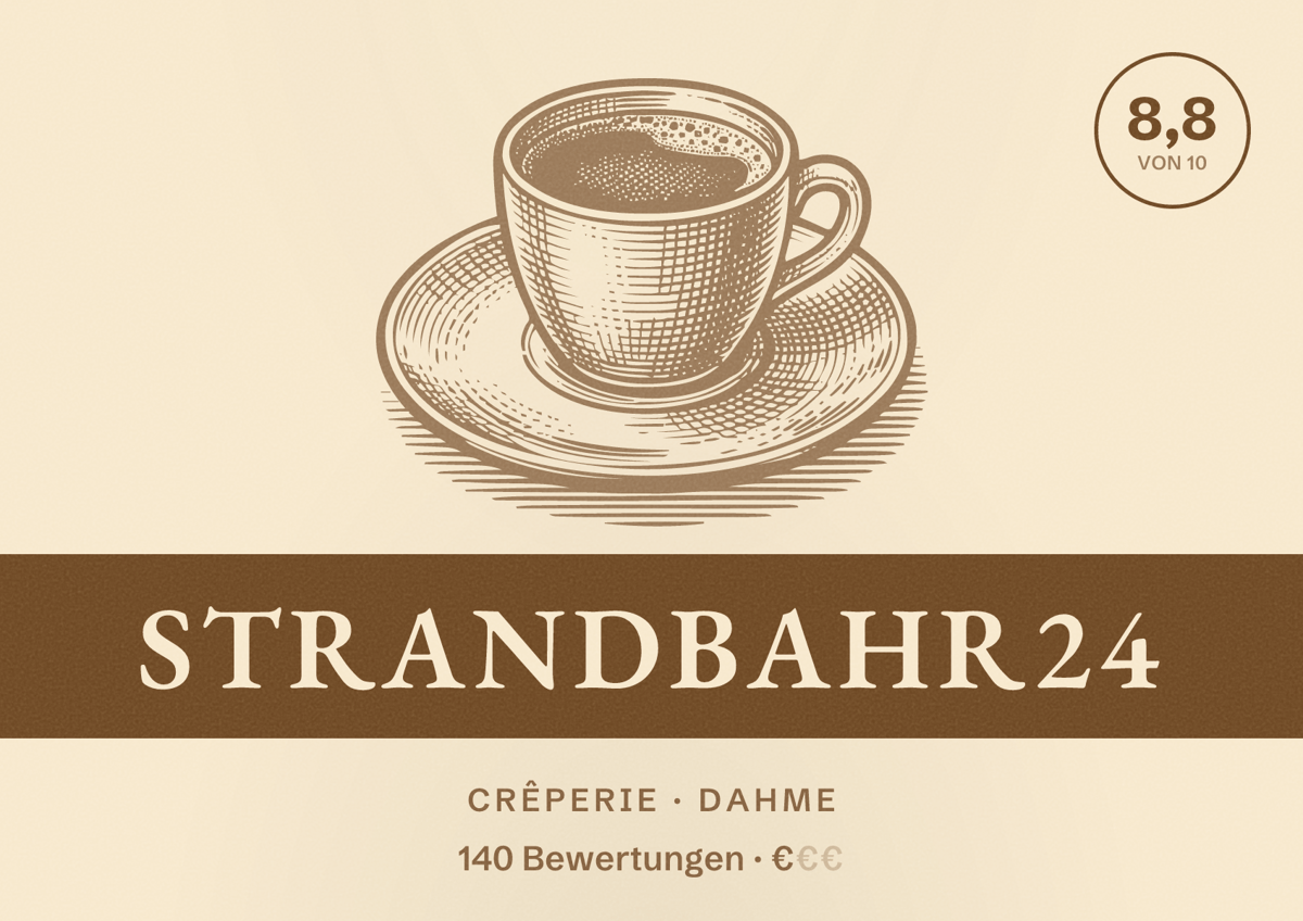 Illustriertes Poster von strandbahr24, Crêperie in Dahme: Bewertung 8,8 von 10 aus 140 Bewertungen, Preisniveau €