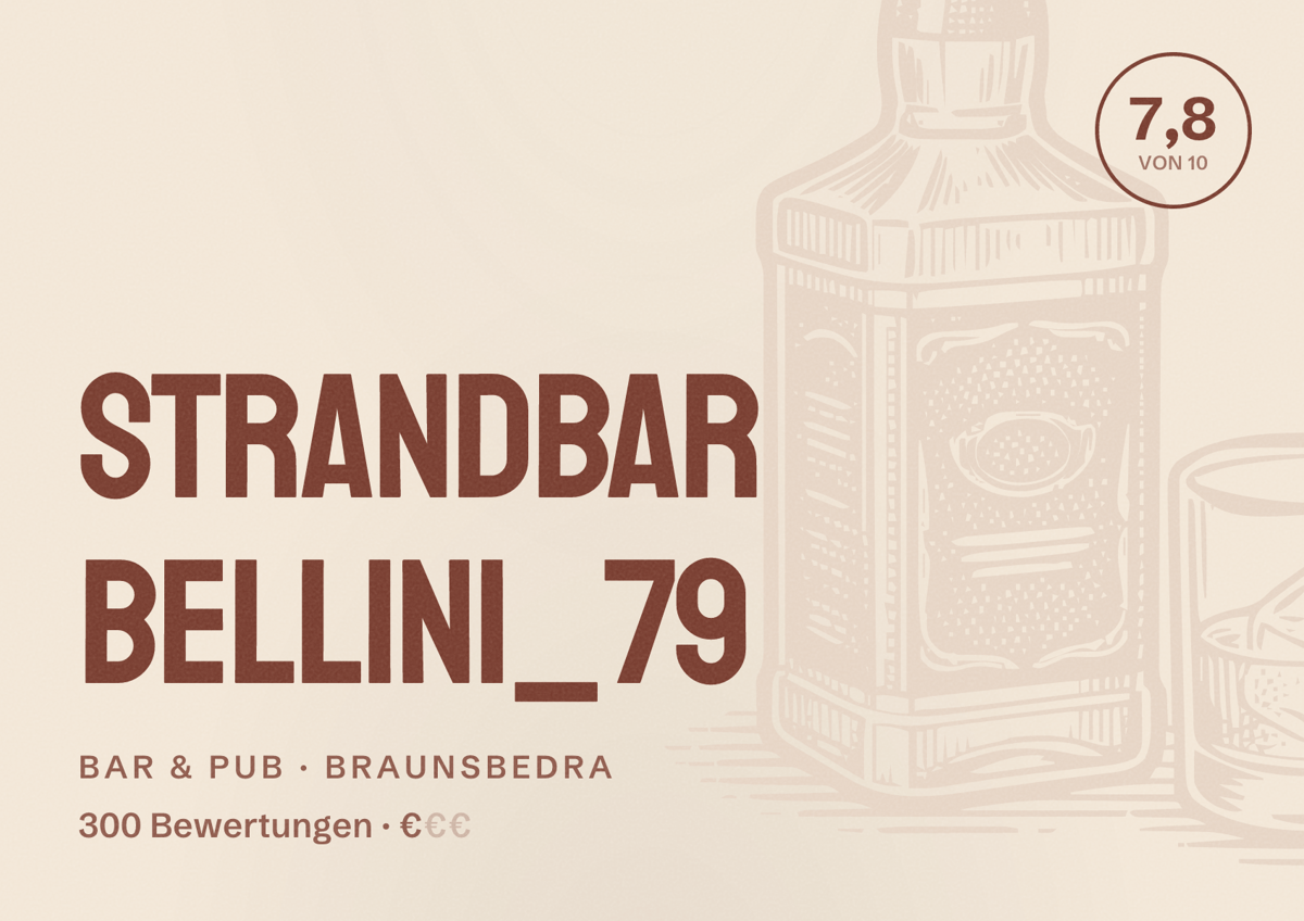 Illustriertes Poster von Strandbar Bellini_79, Bar & Pub in Braunsbedra: Bewertung 7,8 von 10 aus 300 Bewertungen, Preisniveau €