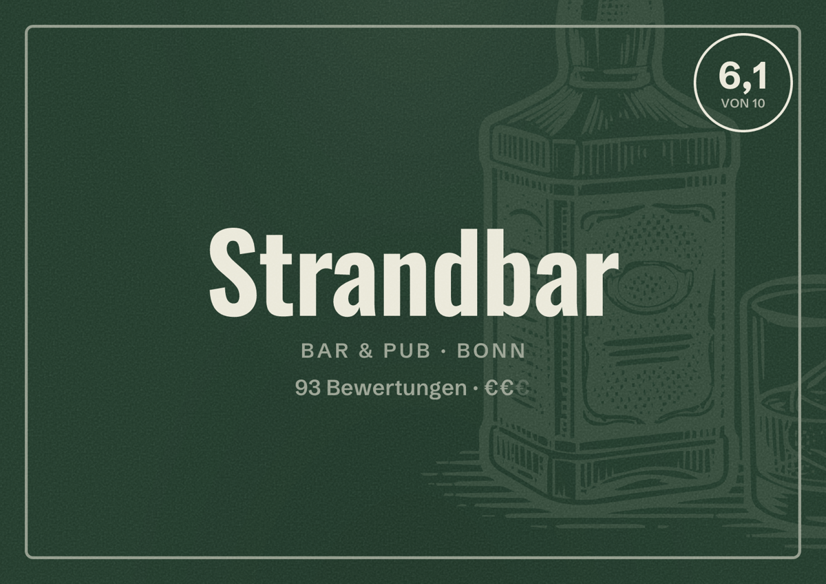 Illustriertes Poster von Strandbar, Bar & Pub in Bonn: Bewertung 6,1 von 10 aus 93 Bewertungen, Preisniveau €€
