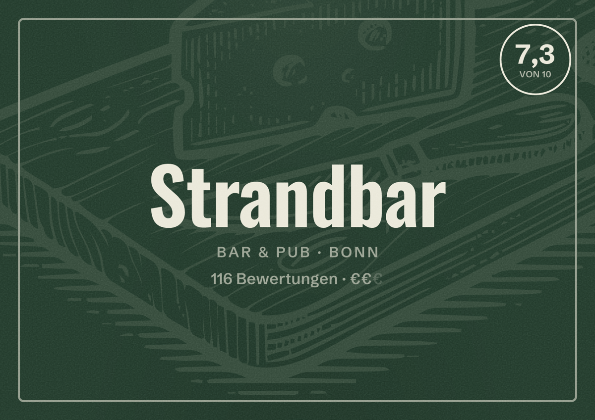 Illustriertes Poster von Strandbar, Bar & Pub in Bonn: Bewertung 7,3 von 10 aus 116 Bewertungen, Preisniveau €€