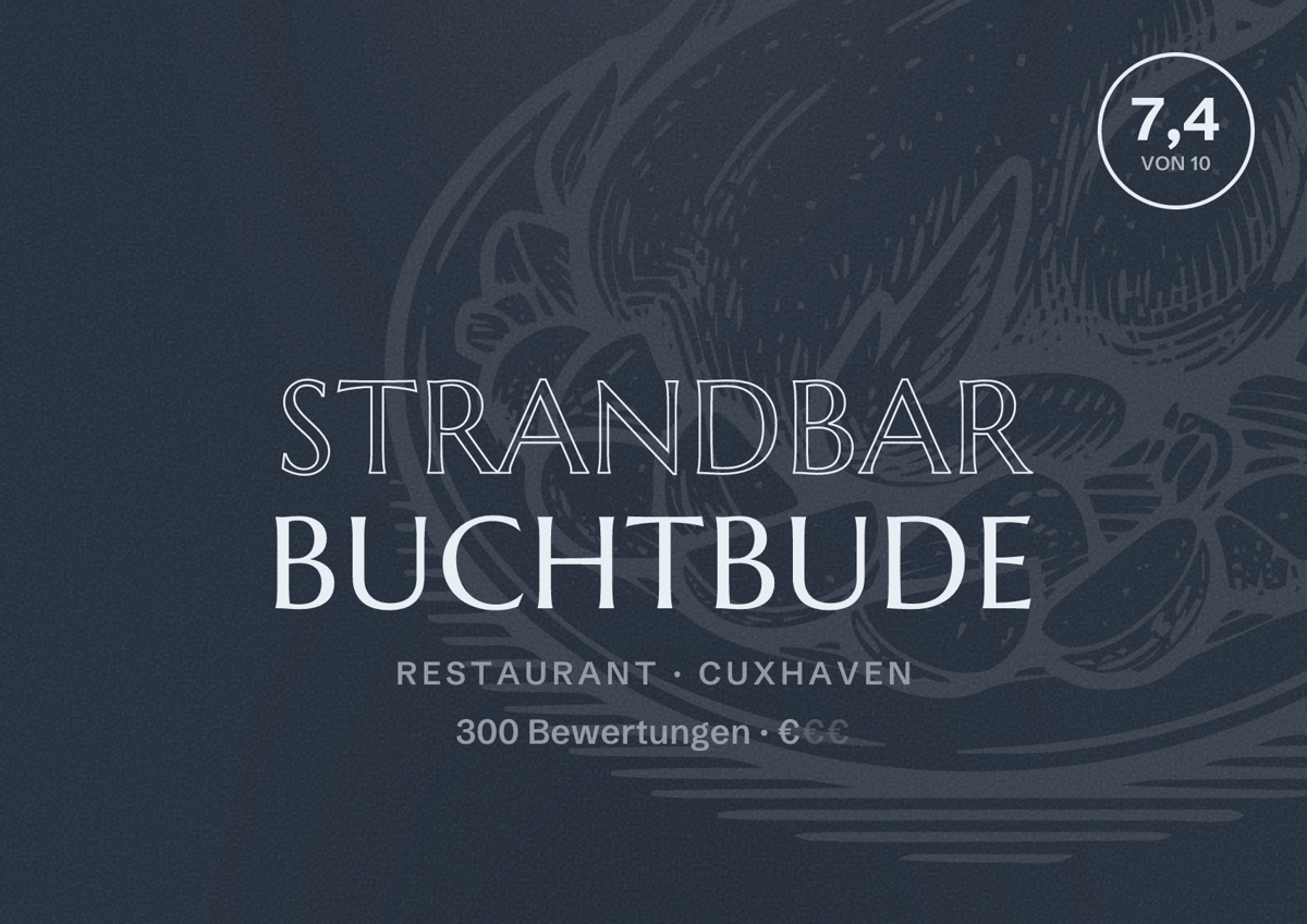 Illustriertes Poster von Strandbar Buchtbude, Restaurant in Cuxhaven: Bewertung 7,4 von 10 aus 300 Bewertungen, Preisniveau €