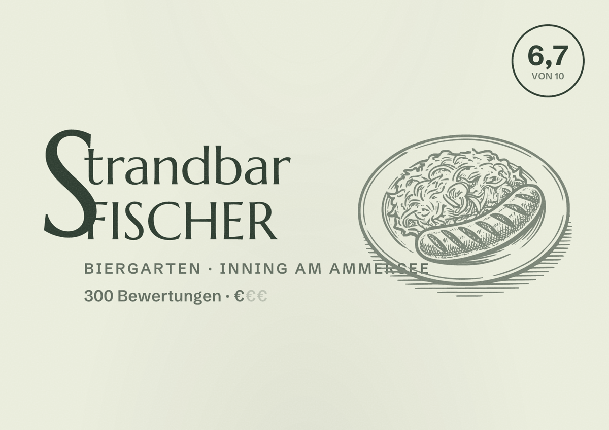 Illustriertes Poster von Strandbar FISCHER, Biergarten in Inning am Ammersee: Bewertung 6,7 von 10 aus 300 Bewertungen, Preisniveau €