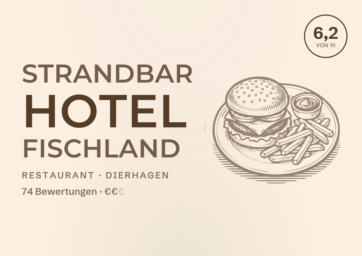 Illustriertes Poster von Strandbar Hotel Fischland, Restaurant in Dierhagen: Bewertung 6,2 von 10 aus 74 Bewertungen, Preisniveau €€