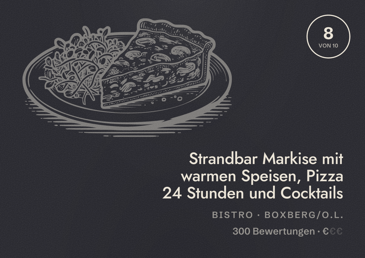 Illustriertes Poster von Strandbar Markise mit warmen Speisen, Pizza 24 Stunden und Cocktails, Bistro in Boxberg/O.L.: Bewertung 8 von 10 aus 300 Bewertungen, Preisniveau €