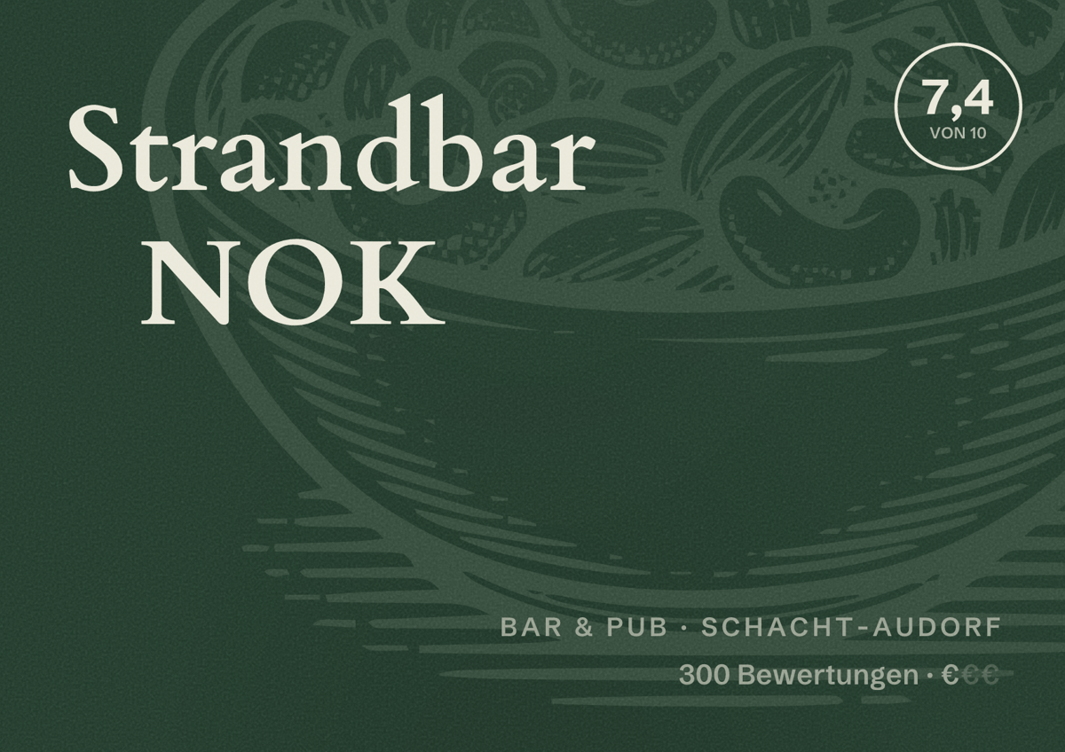Illustriertes Poster von Strandbar NOK, Bar & Pub in Schacht-Audorf: Bewertung 7,4 von 10 aus 300 Bewertungen, Preisniveau €