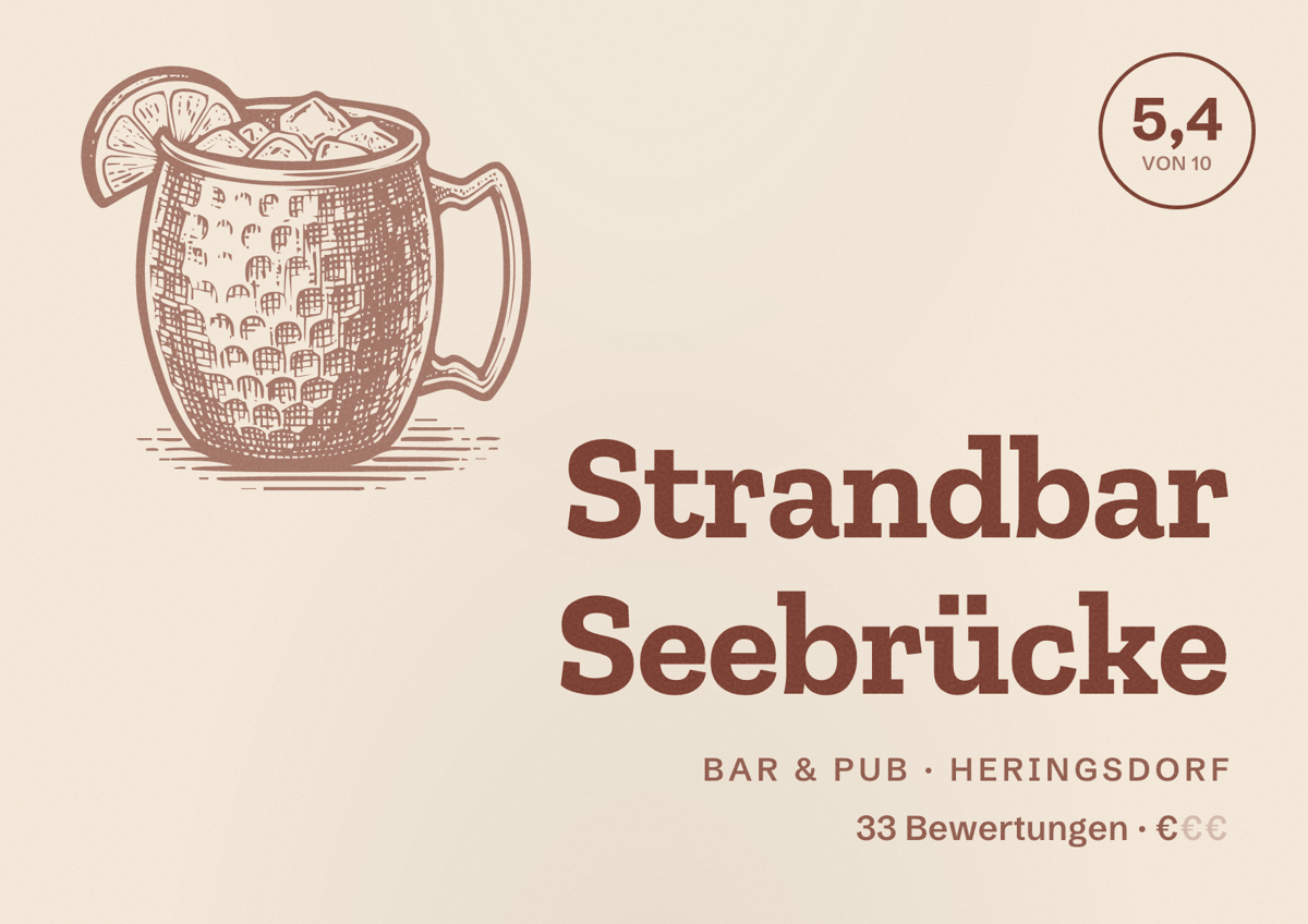 Illustriertes Poster von Strandbar Seebrücke, Bar & Pub in Heringsdorf: Bewertung 5,4 von 10 aus 33 Bewertungen, Preisniveau €
