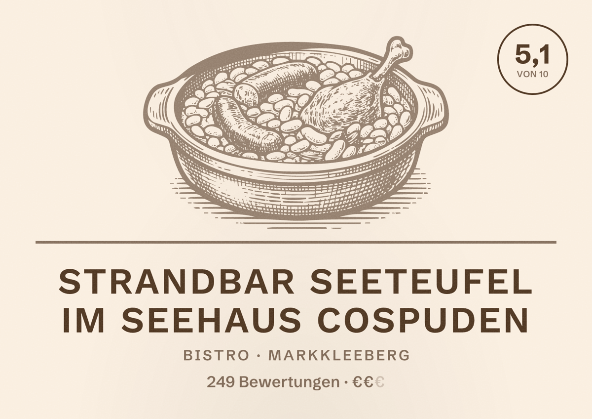 Illustriertes Poster von Strandbar Seeteufel im Seehaus Cospuden, Bistro in Markkleeberg: Bewertung 5,1 von 10 aus 249 Bewertungen, Preisniveau €€