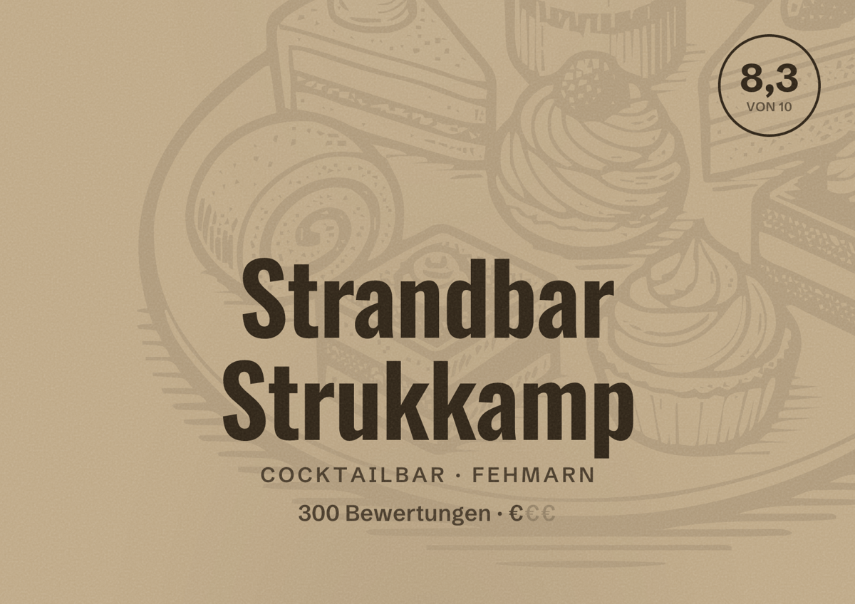 Illustriertes Poster von Strandbar Strukkamp, Cocktailbar in Fehmarn: Bewertung 8,3 von 10 aus 300 Bewertungen, Preisniveau €