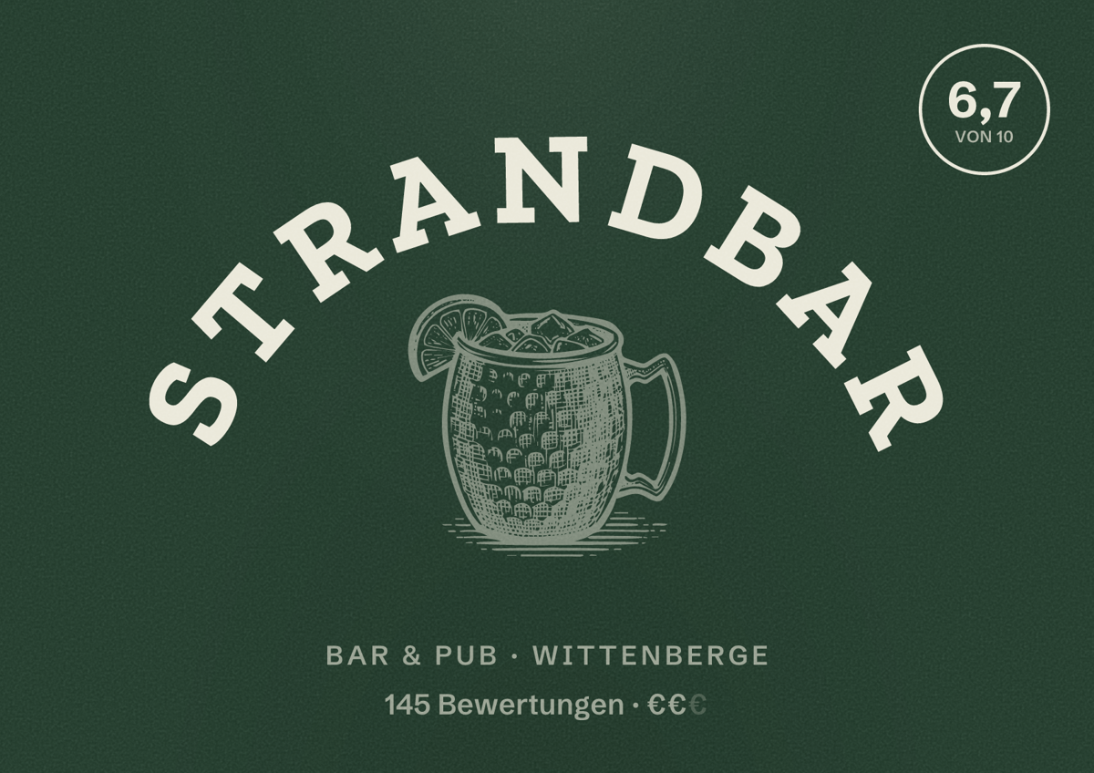 Illustriertes Poster von Strandbar, Bar & Pub in Wittenberge: Bewertung 6,7 von 10 aus 145 Bewertungen, Preisniveau €€