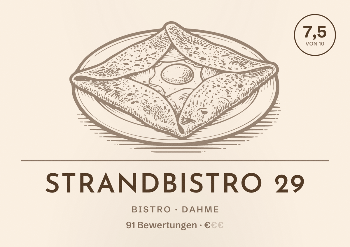 Illustriertes Poster von Strandbistro 29, Bistro in Dahme: Bewertung 7,5 von 10 aus 91 Bewertungen, Preisniveau €