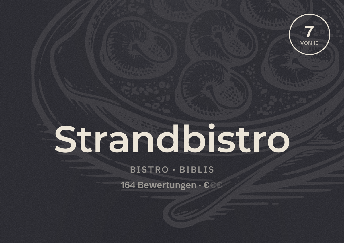 Illustriertes Poster von Strandbistro, Bistro in Biblis: Bewertung 7 von 10 aus 164 Bewertungen, Preisniveau €