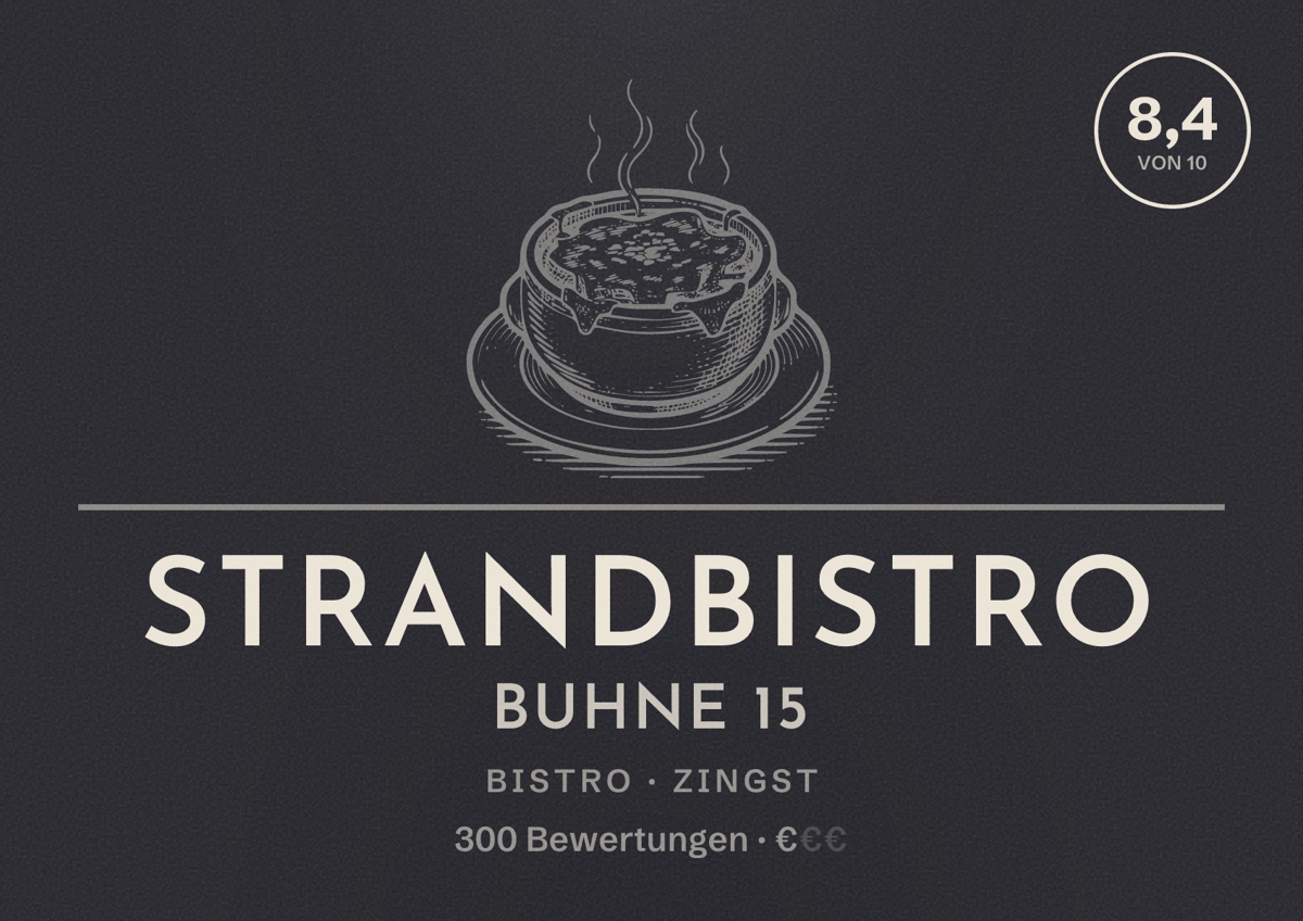 Illustriertes Poster von Strandbistro Buhne 15, Bistro in Zingst: Bewertung 8,4 von 10 aus 300 Bewertungen, Preisniveau €