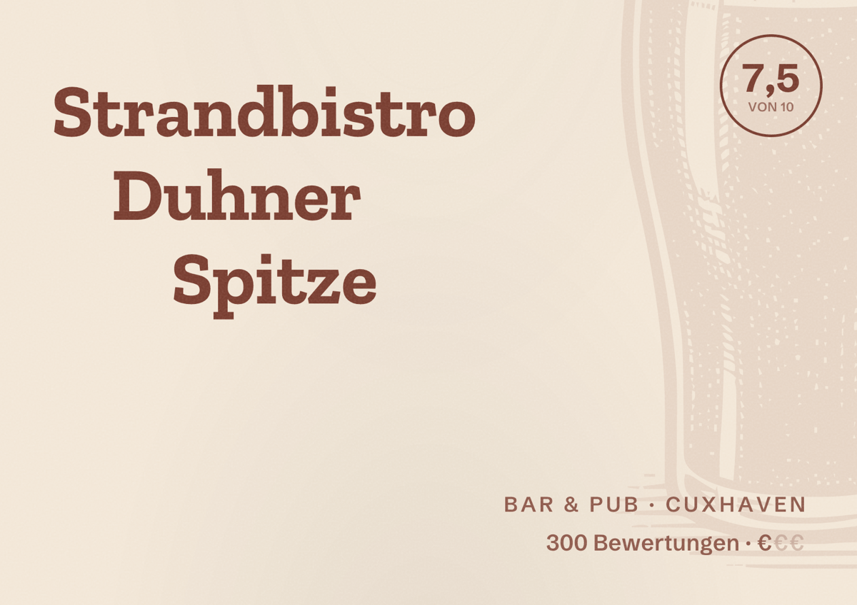 Illustriertes Poster von Strandbistro Duhner Spitze, Bar & Pub in Cuxhaven: Bewertung 7,5 von 10 aus 300 Bewertungen, Preisniveau €