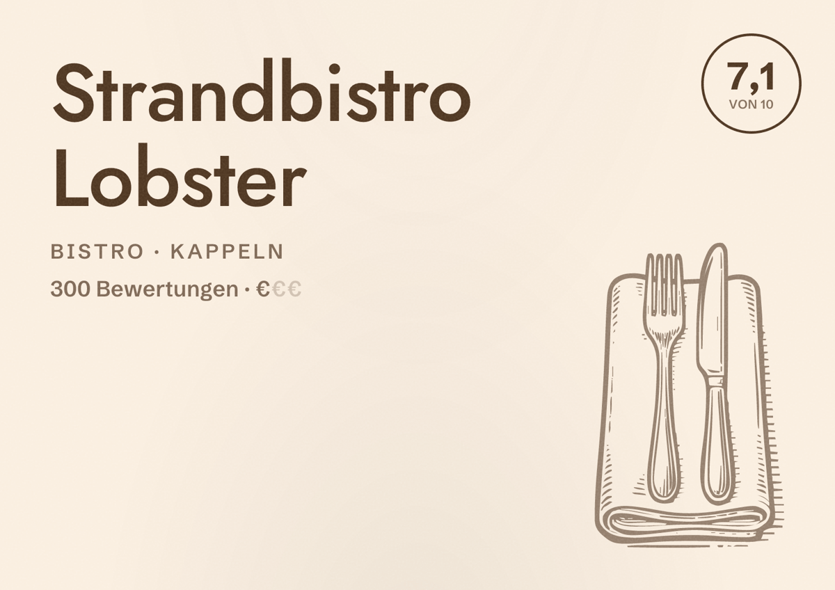 Illustriertes Poster von Strandbistro Lobster, Bistro in Kappeln: Bewertung 7,1 von 10 aus 300 Bewertungen, Preisniveau €