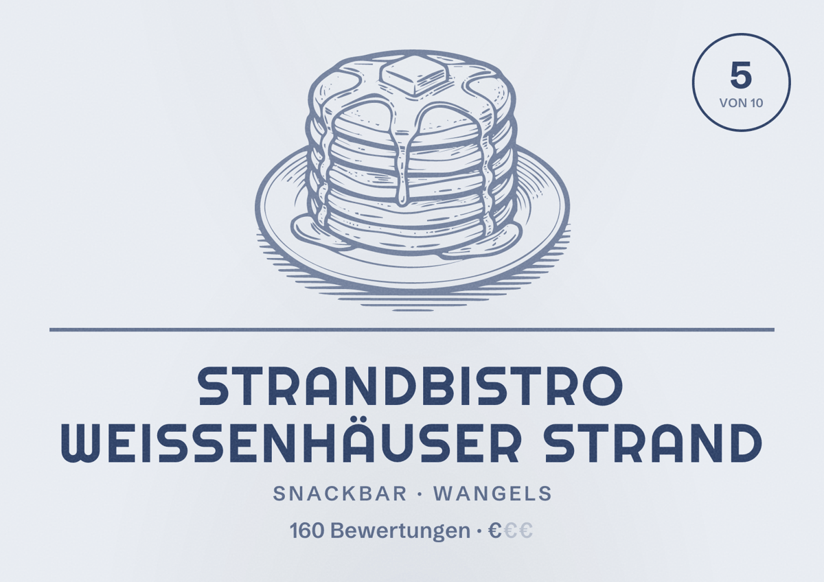 Illustriertes Poster von Strandbistro Weißenhäuser Strand, Snackbar in Wangels: Bewertung 5 von 10 aus 160 Bewertungen, Preisniveau €