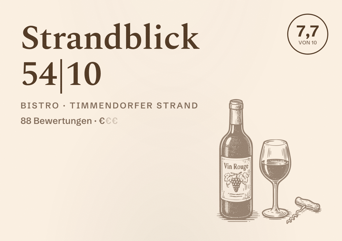 Illustriertes Poster von Strandblick 54|10, Bistro in Timmendorfer Strand: Bewertung 7,7 von 10 aus 88 Bewertungen, Preisniveau €