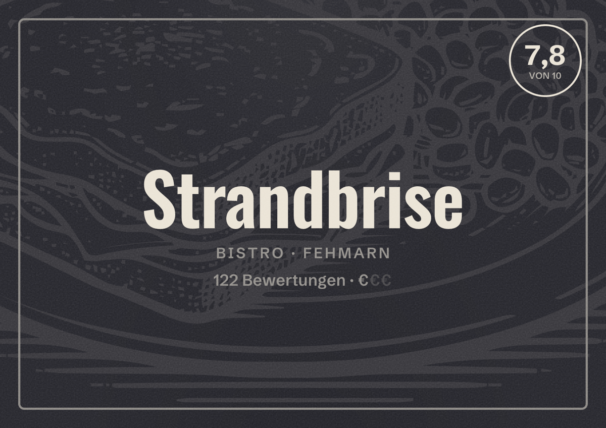 Illustriertes Poster von Strandbrise, Bistro in Fehmarn: Bewertung 7,8 von 10 aus 122 Bewertungen, Preisniveau €
