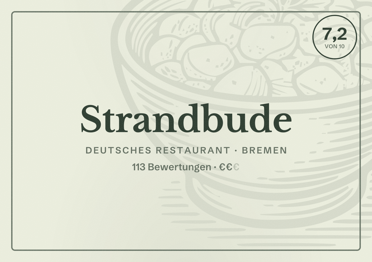 Illustriertes Poster von Strandbude, Deutsches Restaurant in Bremen: Bewertung 7,2 von 10 aus 113 Bewertungen, Preisniveau €€