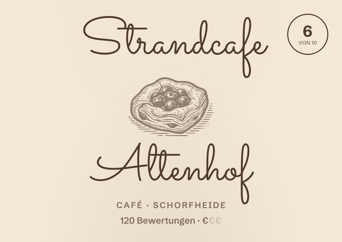 Illustriertes Poster von Strandcafe Altenhof, Café in Schorfheide: Bewertung 6 von 10 aus 120 Bewertungen, Preisniveau €
