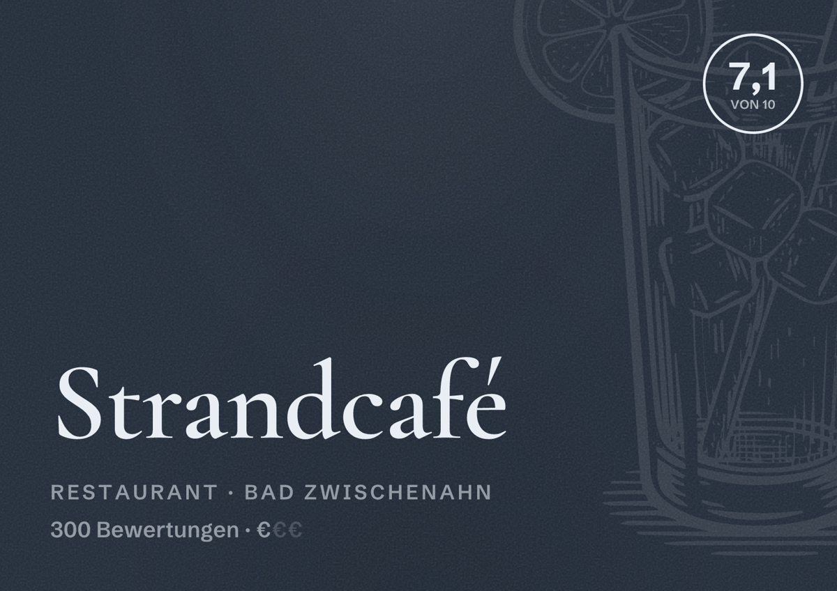 Illustriertes Poster von Strandcafé, Restaurant in Bad Zwischenahn: Bewertung 7,1 von 10 aus 300 Bewertungen, Preisniveau €