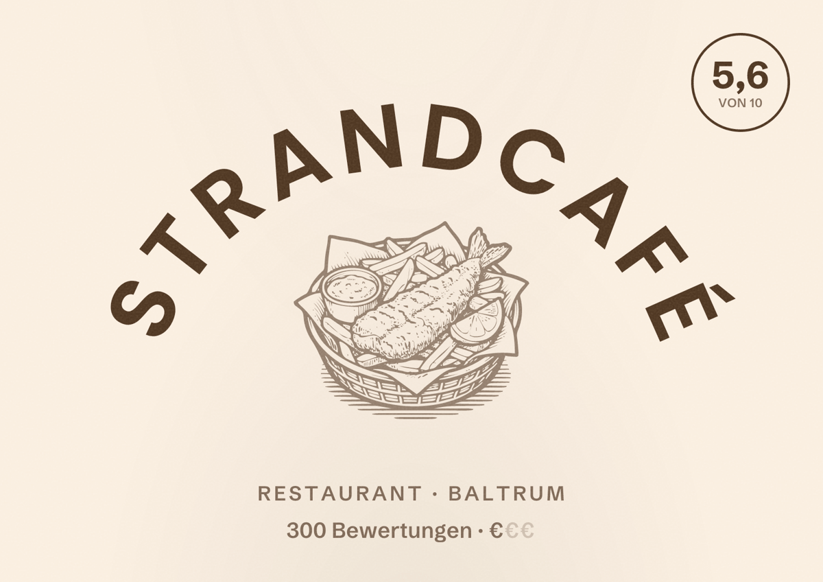 Illustriertes Poster von Strandcafé, Restaurant in Baltrum: Bewertung 5,6 von 10 aus 300 Bewertungen, Preisniveau €