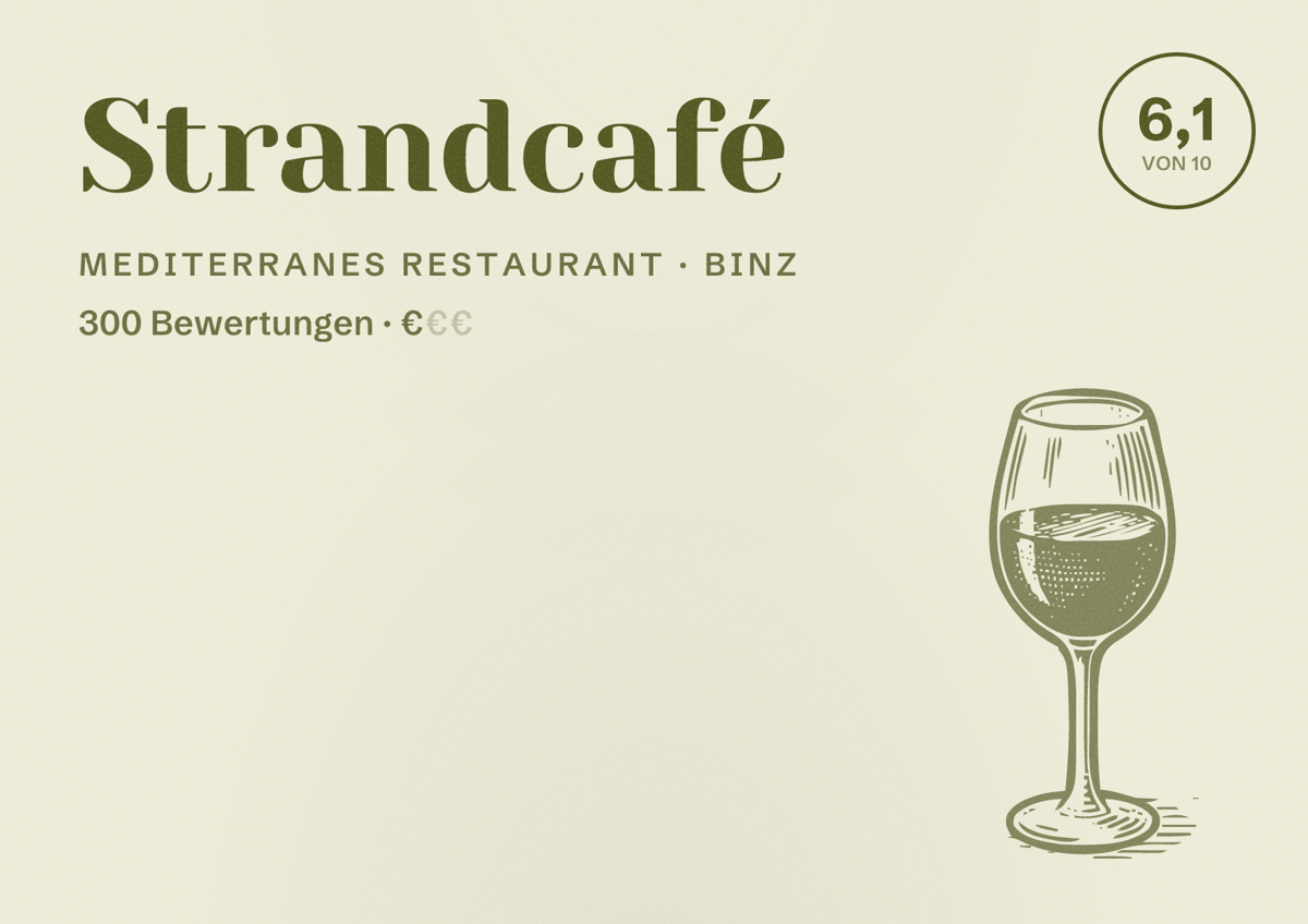 Illustriertes Poster von Strandcafé, Mediterranes Restaurant in Binz: Bewertung 6,1 von 10 aus 300 Bewertungen, Preisniveau €