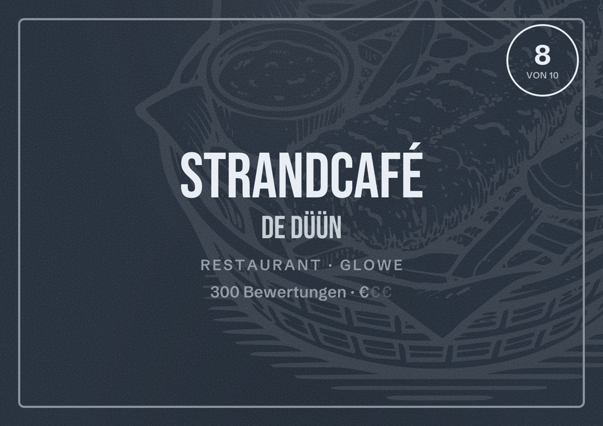 Illustriertes Poster von Strandcafé De Düün, Restaurant in Glowe: Bewertung 8 von 10 aus 300 Bewertungen, Preisniveau €