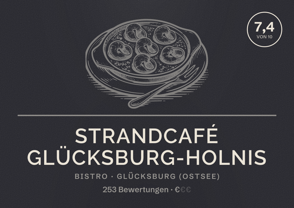 Illustriertes Poster von Strandcafé Glücksburg-Holnis, Bistro in Glücksburg (Ostsee): Bewertung 7,4 von 10 aus 253 Bewertungen, Preisniveau €