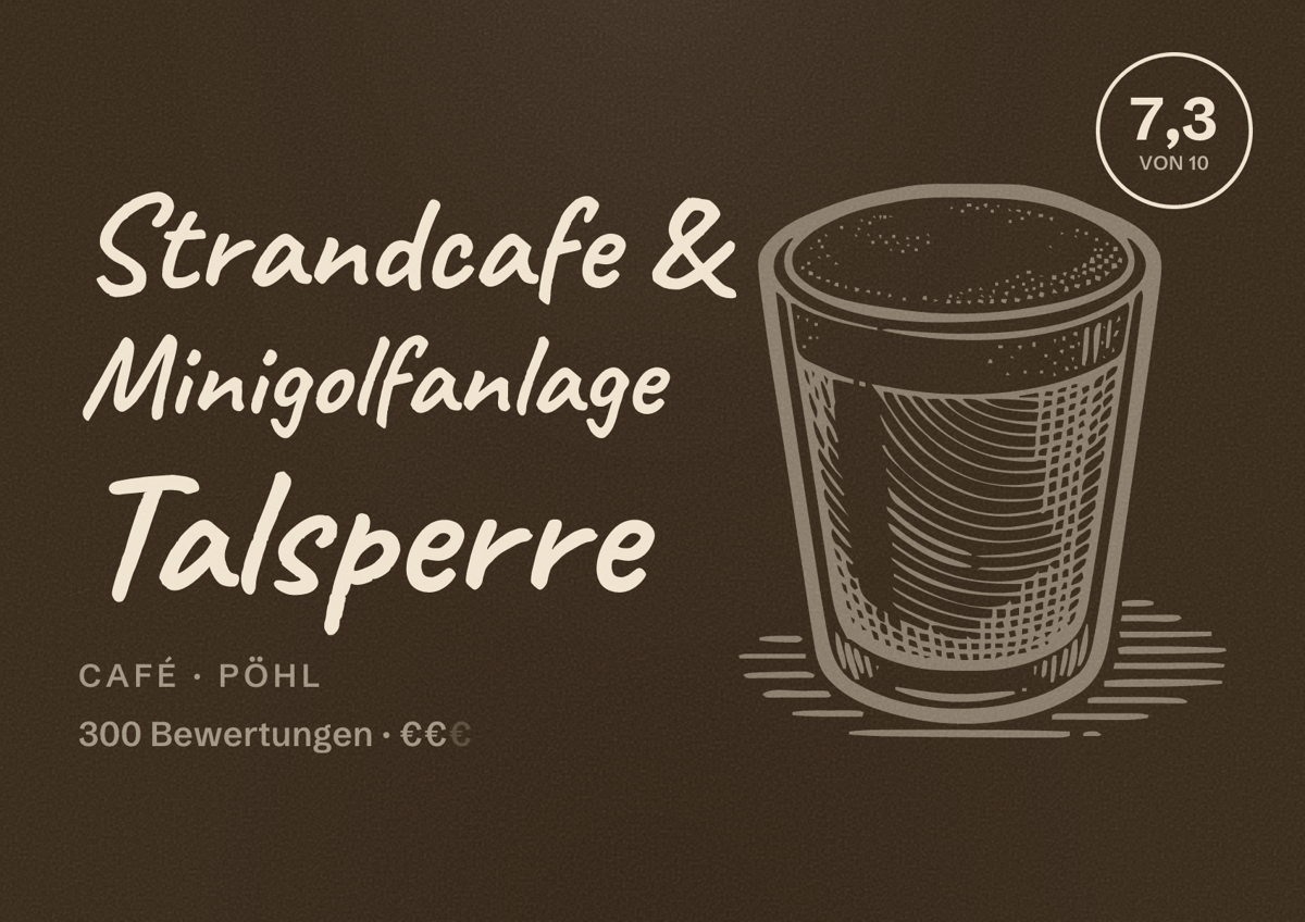 Illustriertes Poster von Strandcafe & Minigolfanlage Talsperre, Café in Pöhl: Bewertung 7,3 von 10 aus 300 Bewertungen, Preisniveau €€