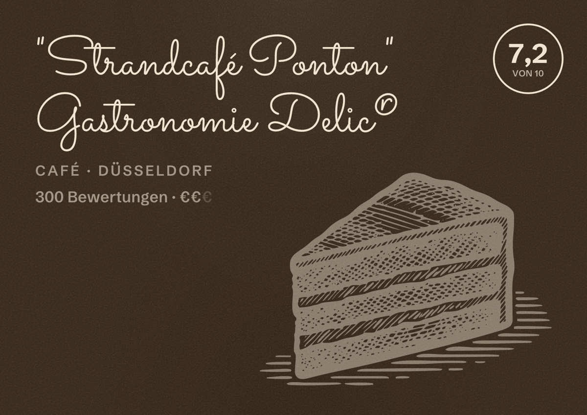 Illustriertes Poster von "Strandcafé Ponton" Gastronomie Delic®, Café in Düsseldorf: Bewertung 7,2 von 10 aus 300 Bewertungen, Preisniveau €€