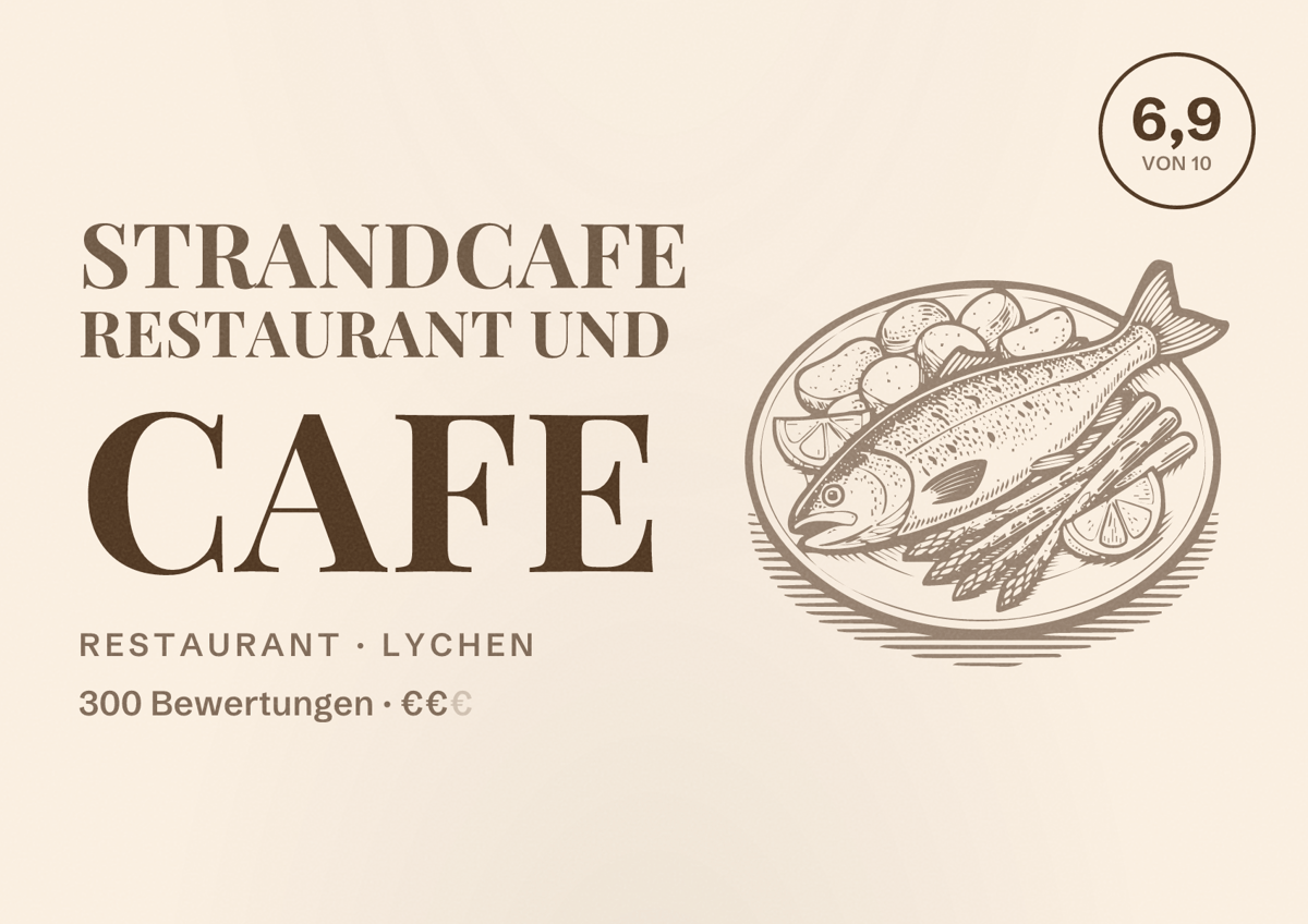 Illustriertes Poster von Strandcafe Restaurant und Cafe, Restaurant in Lychen: Bewertung 6,9 von 10 aus 300 Bewertungen, Preisniveau €€