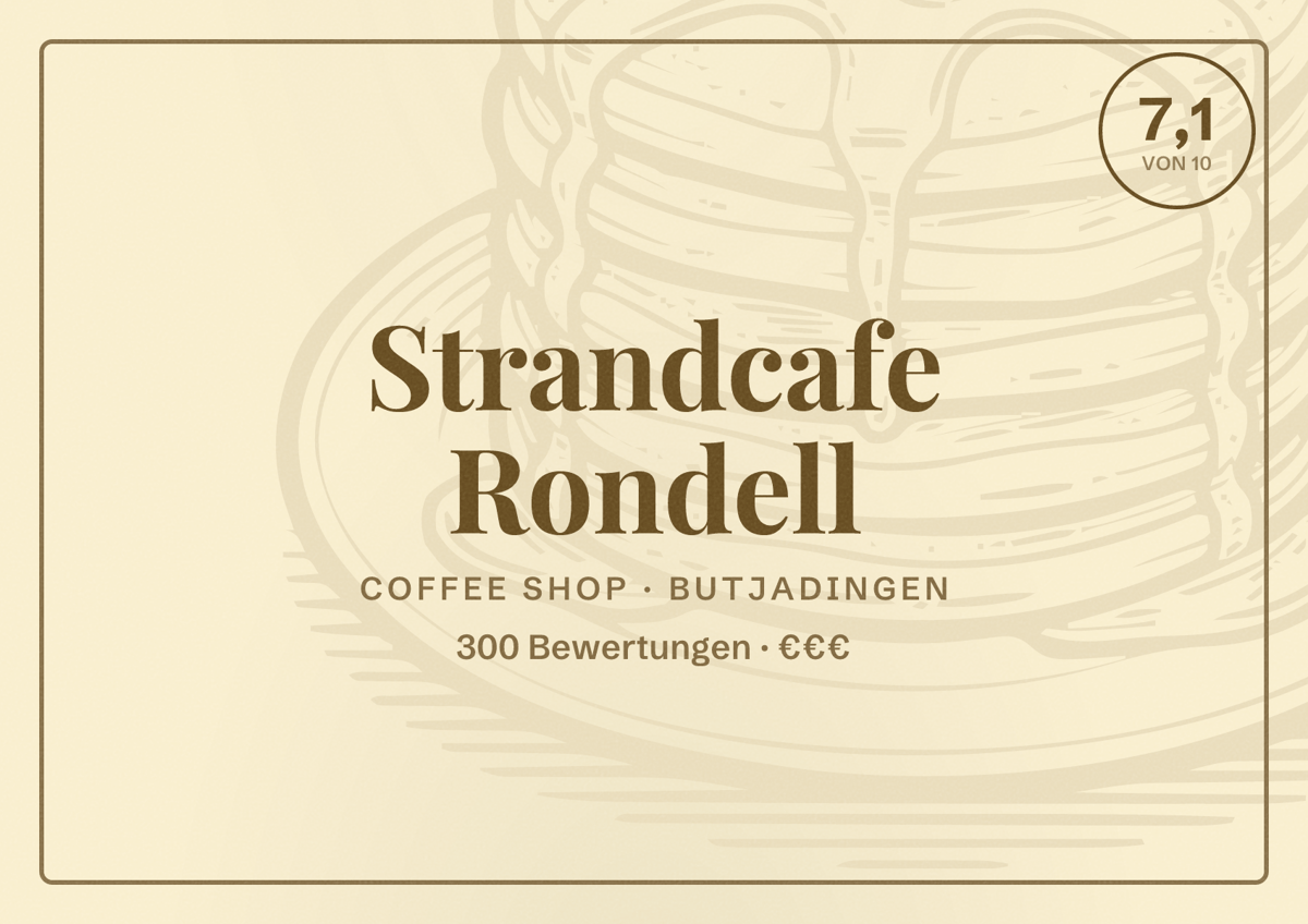 Illustriertes Poster von Strandcafe Rondell, Coffee Shop in Butjadingen: Bewertung 7,1 von 10 aus 300 Bewertungen, Preisniveau €€€