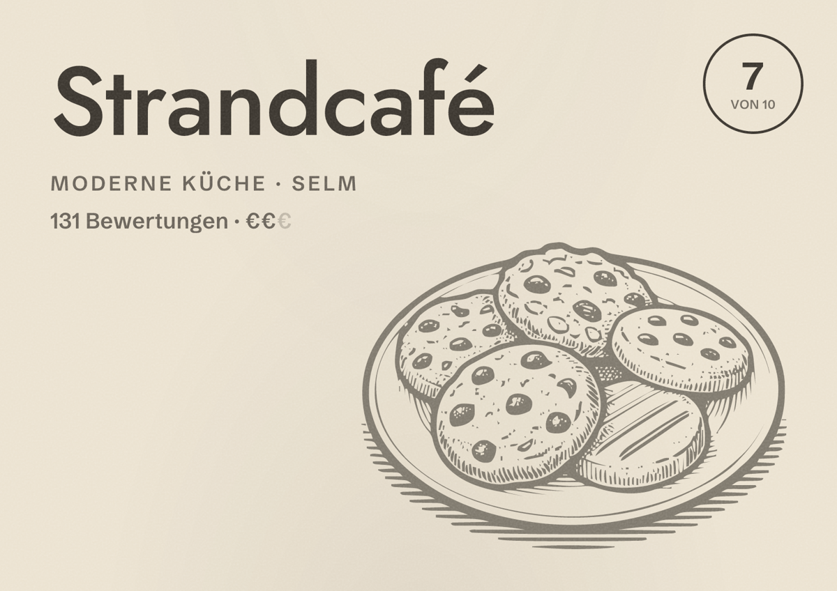 Illustriertes Poster von Strandcafé, Moderne Küche in Selm: Bewertung 7,0 von 10 aus 131 Bewertungen, Preisniveau €€