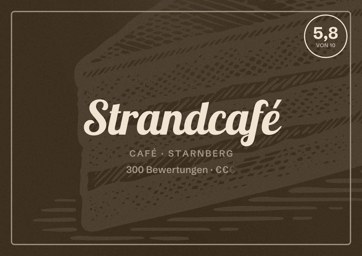 Illustriertes Poster von Strandcafé, Café in Starnberg: Bewertung 5,8 von 10 aus 300 Bewertungen, Preisniveau €€