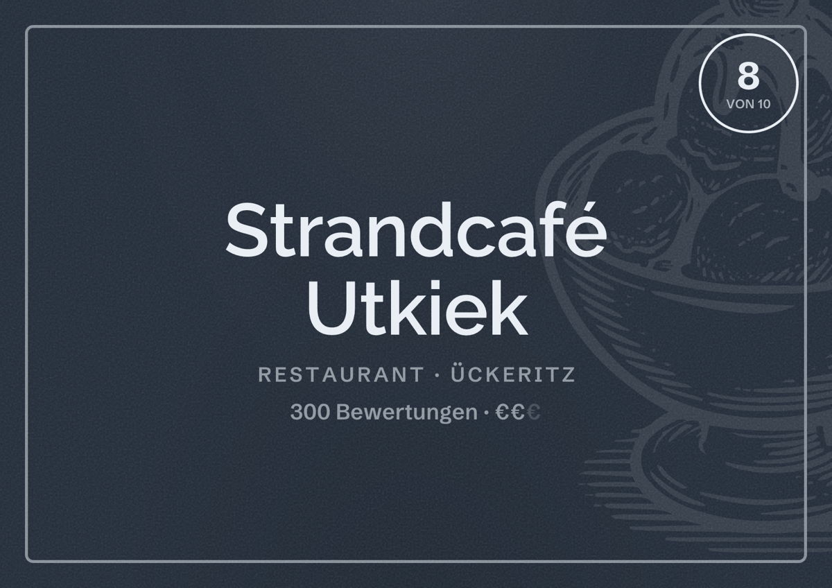Illustriertes Poster von Strandcafé Utkiek, Restaurant in Ückeritz: Bewertung 8 von 10 aus 300 Bewertungen, Preisniveau €€