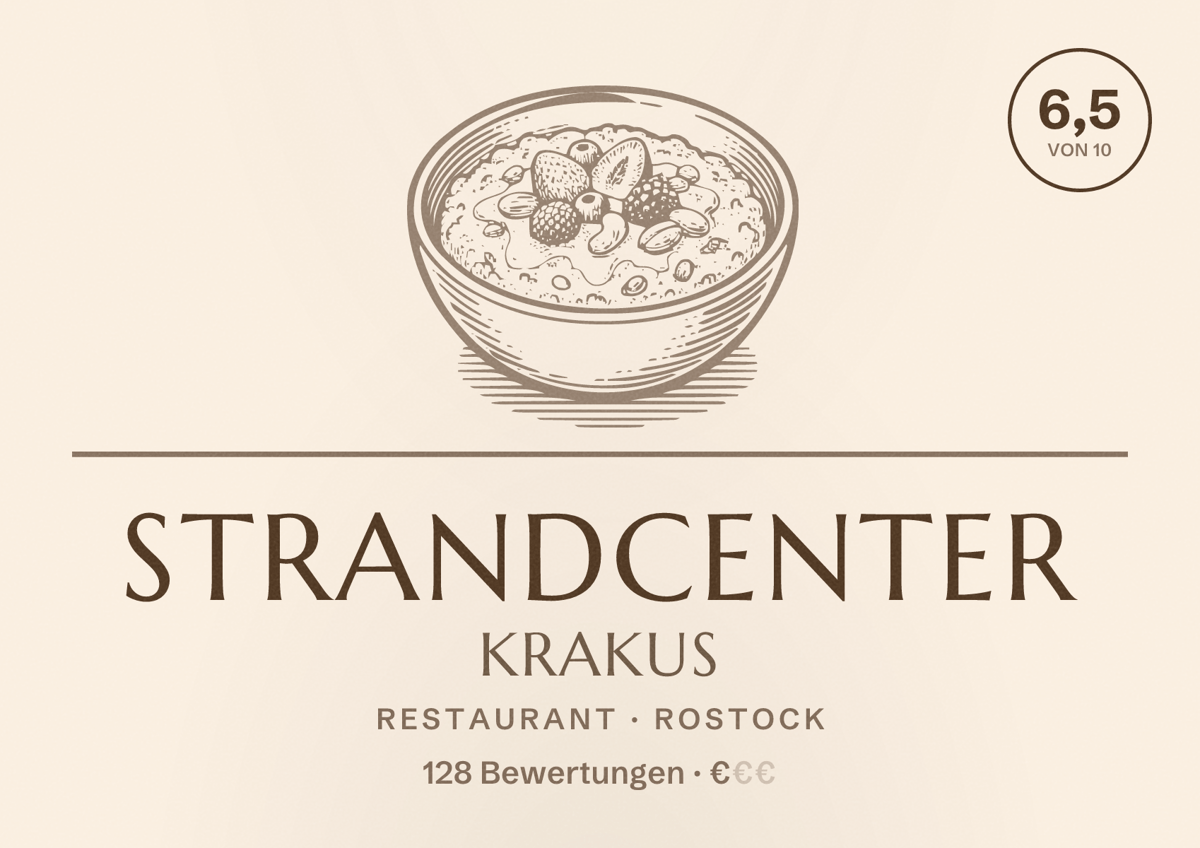 Illustriertes Poster von Strandcenter Krakus, Restaurant in Rostock: Bewertung 6,5 von 10 aus 128 Bewertungen, Preisniveau €