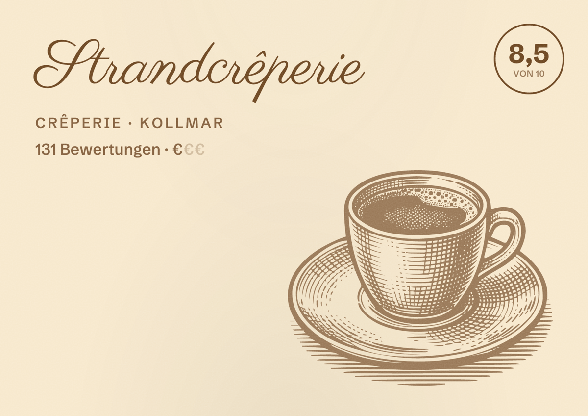 Illustriertes Poster von Strandcrêperie, Crêperie in Kollmar: Bewertung 8,5 von 10 aus 131 Bewertungen, Preisniveau €