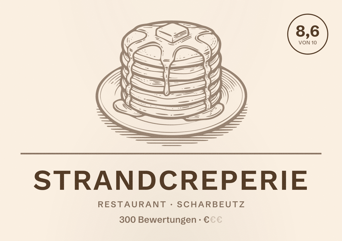 Illustriertes Poster von Strandcreperie, Restaurant in Scharbeutz: Bewertung 8,6 von 10 aus 300 Bewertungen, Preisniveau €