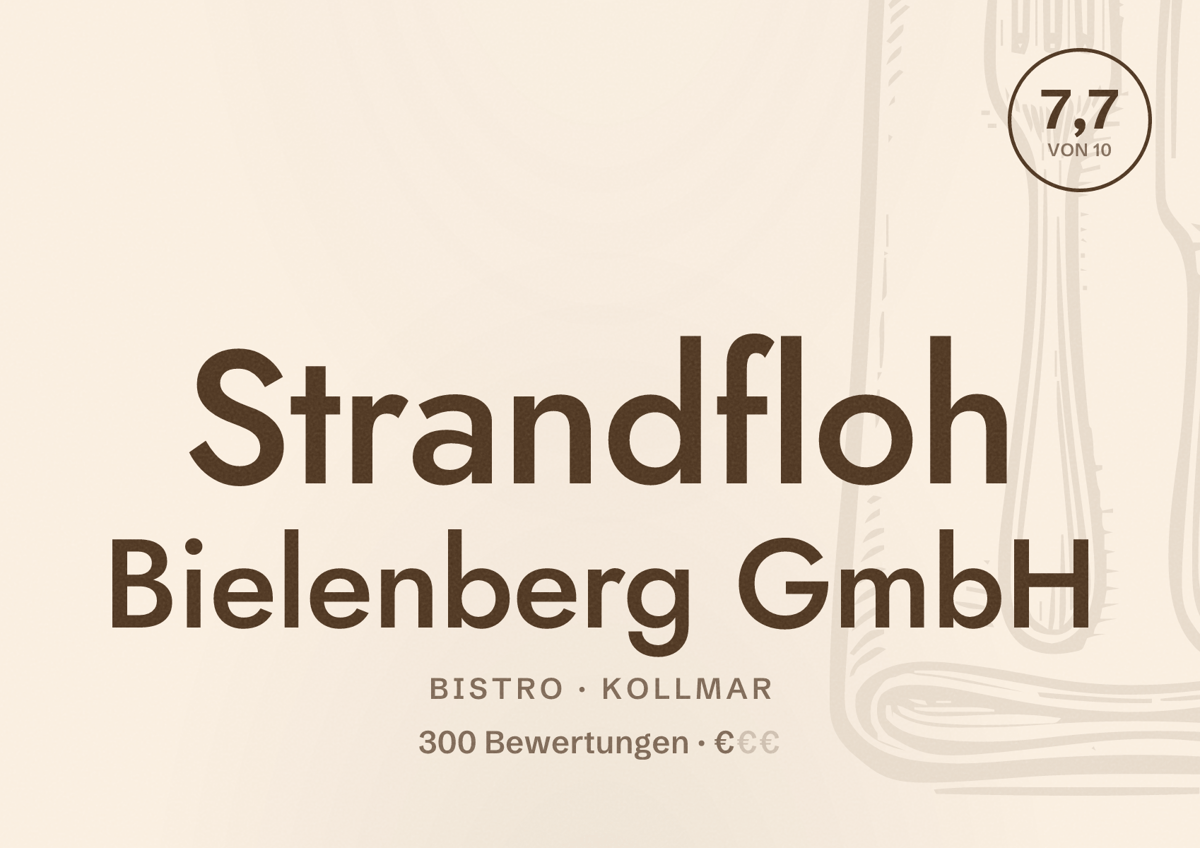 Illustriertes Poster von Strandfloh Bielenberg GmbH, Bistro in Kollmar: Bewertung 7,7 von 10 aus 300 Bewertungen, Preisniveau €