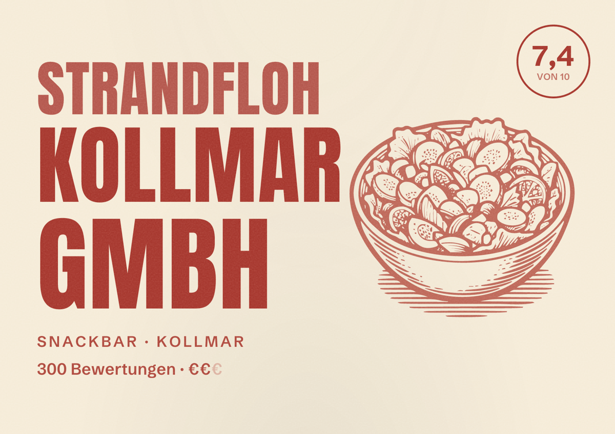 Illustriertes Poster von Strandfloh Kollmar GmbH, Snackbar in Kollmar: Bewertung 7,4 von 10 aus 300 Bewertungen, Preisniveau €€