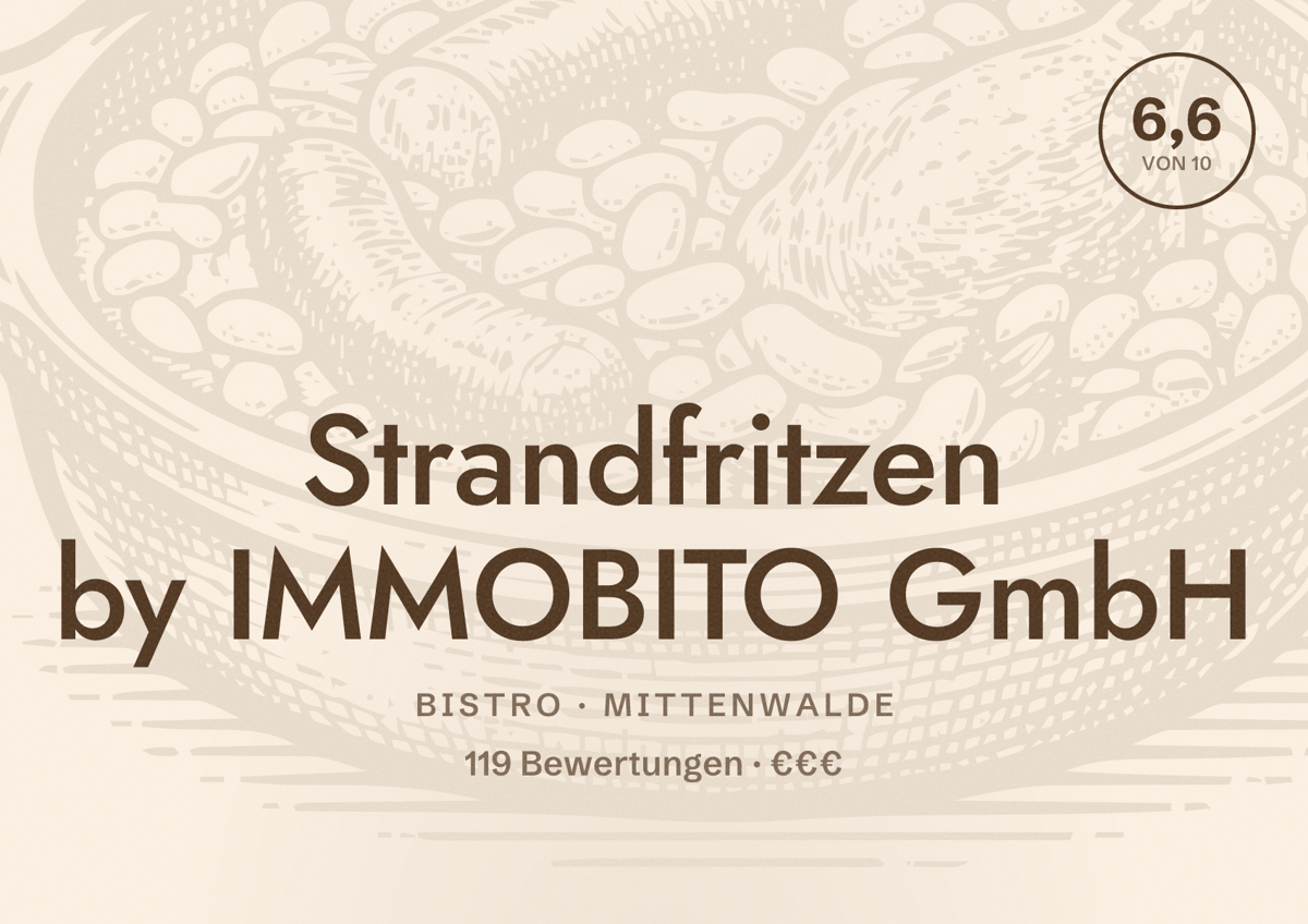 Illustriertes Poster von Strandfritzen by IMMOBITO GmbH, Bistro in Mittenwalde: Bewertung 6,6 von 10 aus 119 Bewertungen, Preisniveau €€€