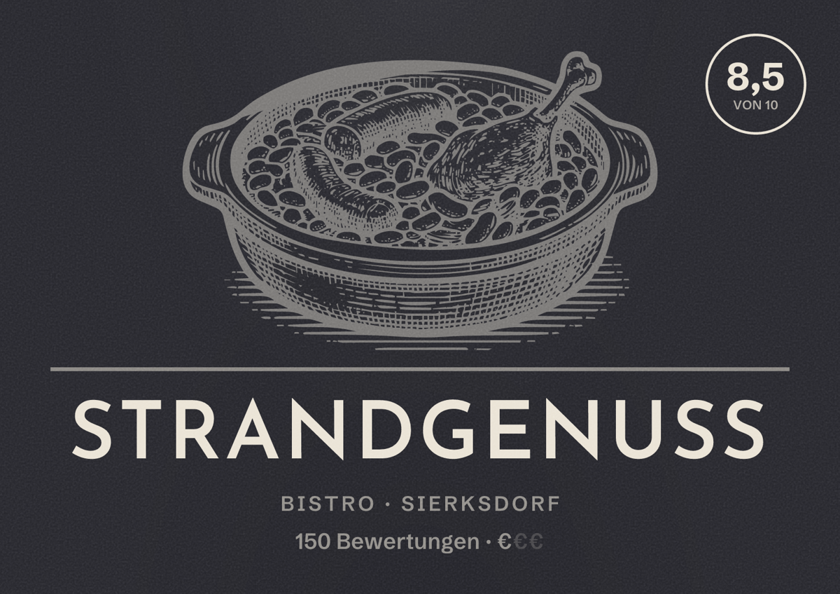 Illustriertes Poster von Strandgenuss, Bistro in Sierksdorf: Bewertung 8,5 von 10 aus 150 Bewertungen, Preisniveau €