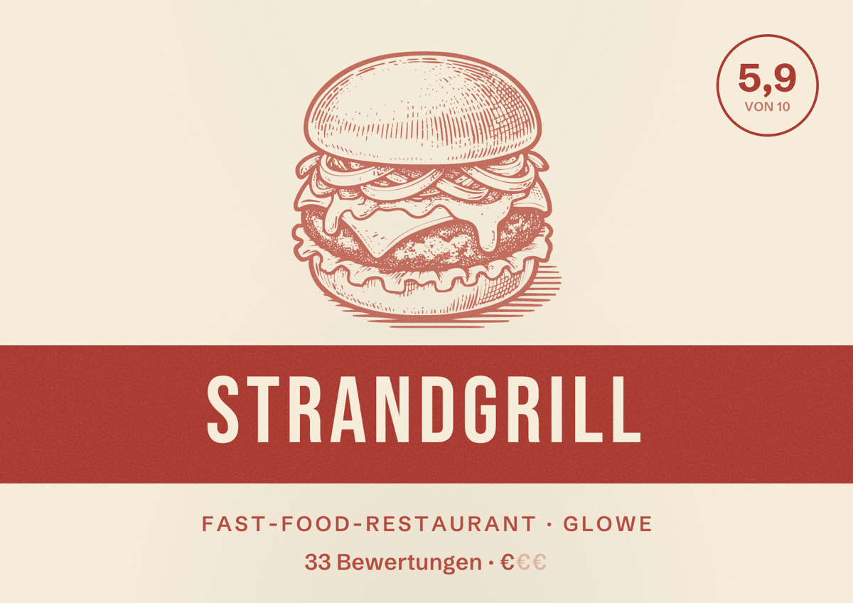 Illustriertes Poster von Strandgrill, Fast-Food-Restaurant in Glowe: Bewertung 5,9 von 10 aus 33 Bewertungen, Preisniveau €