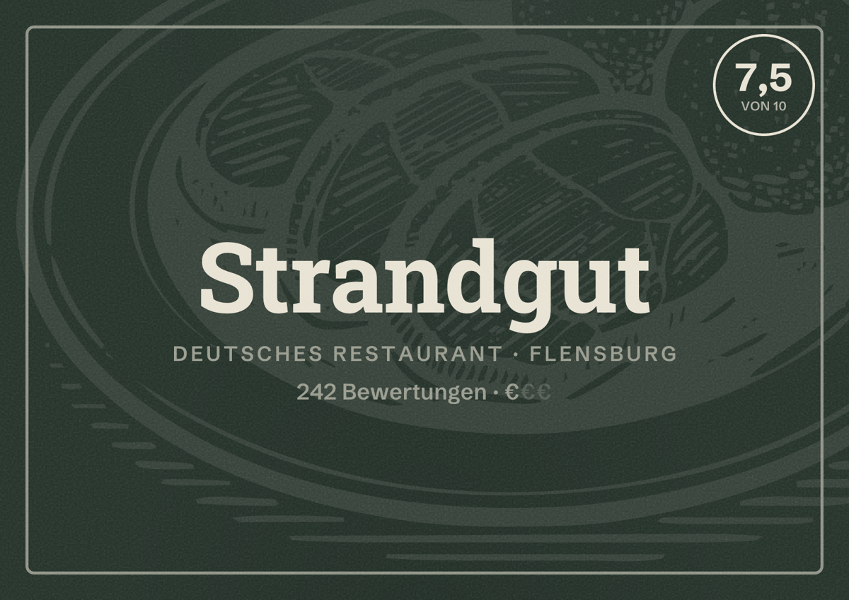 Illustriertes Poster von Strandgut, Deutsches Restaurant in Flensburg: Bewertung 7,5 von 10 aus 242 Bewertungen, Preisniveau €