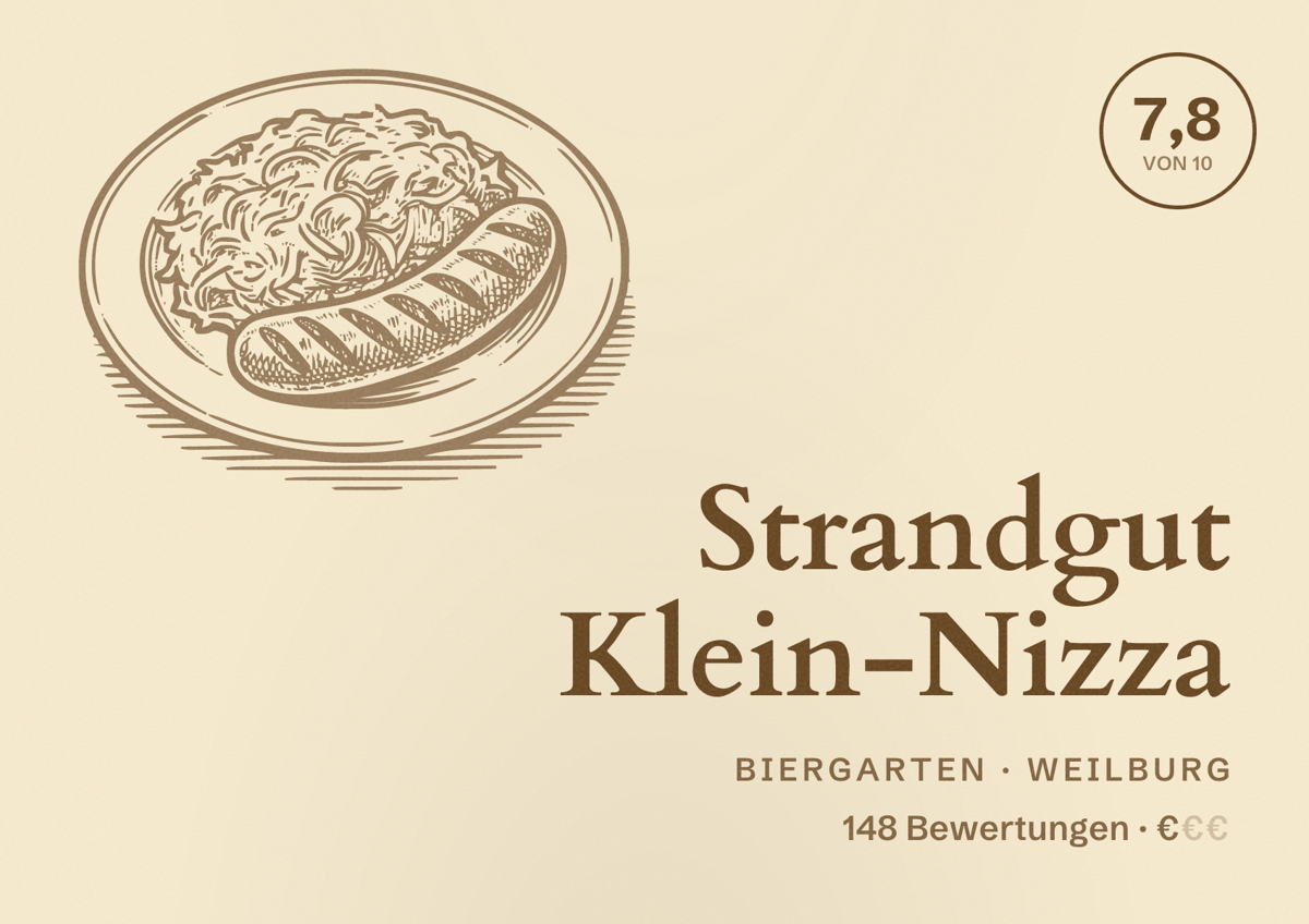 Illustriertes Poster von Strandgut Klein-Nizza, Biergarten in Weilburg: Bewertung 7,8 von 10 aus 148 Bewertungen, Preisniveau €